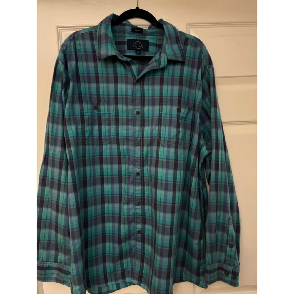 Even Tide Mens XXL Plaid Button Down Shirt‎ Long Sleeve Cotton Teal Blue